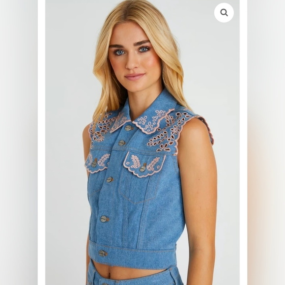 DRIFTWOOD Jackets & Blazers - Driftwood Venus Eyelet Floral Pink Embroidered Denim Lace Vest